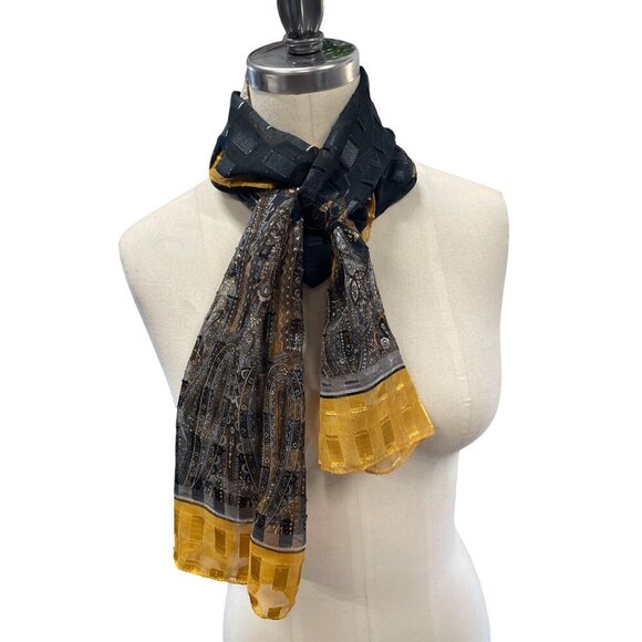 Sheer Black & Gold Paisley Print Scarf With Metallic Accents - Picture 1 of 6